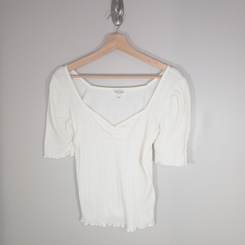 Nation Los Angeles White Ribbed Puff Sleeve Top Size S Minimalist Fitted